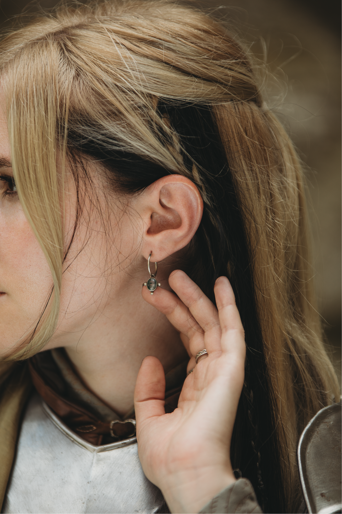 THALÍR Moss Agate Earring Hoops in Sterling Silver