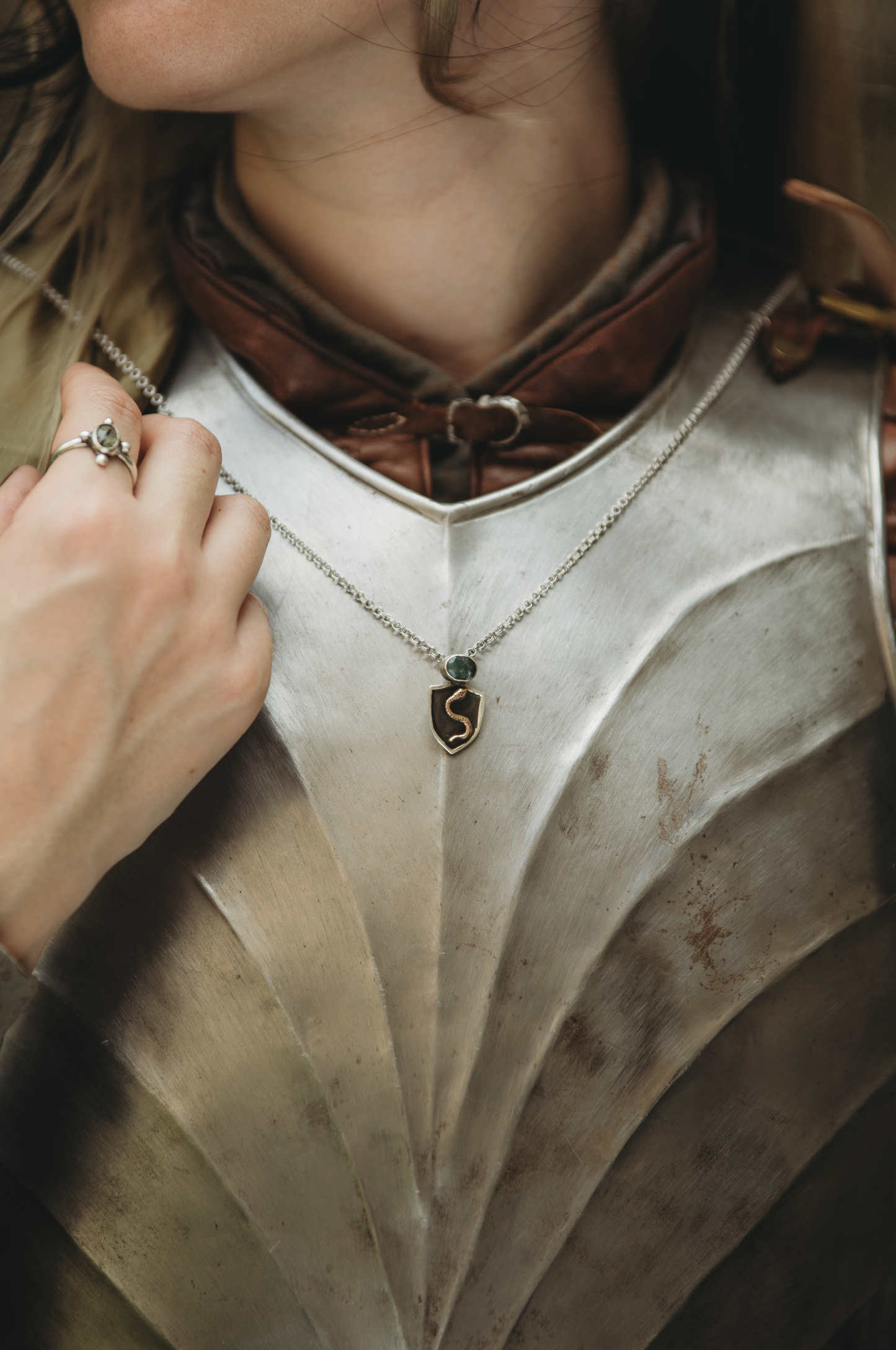 NESSAVËL snake shield high fantasy pendant in sterling silver and bronze with moss agate shield
