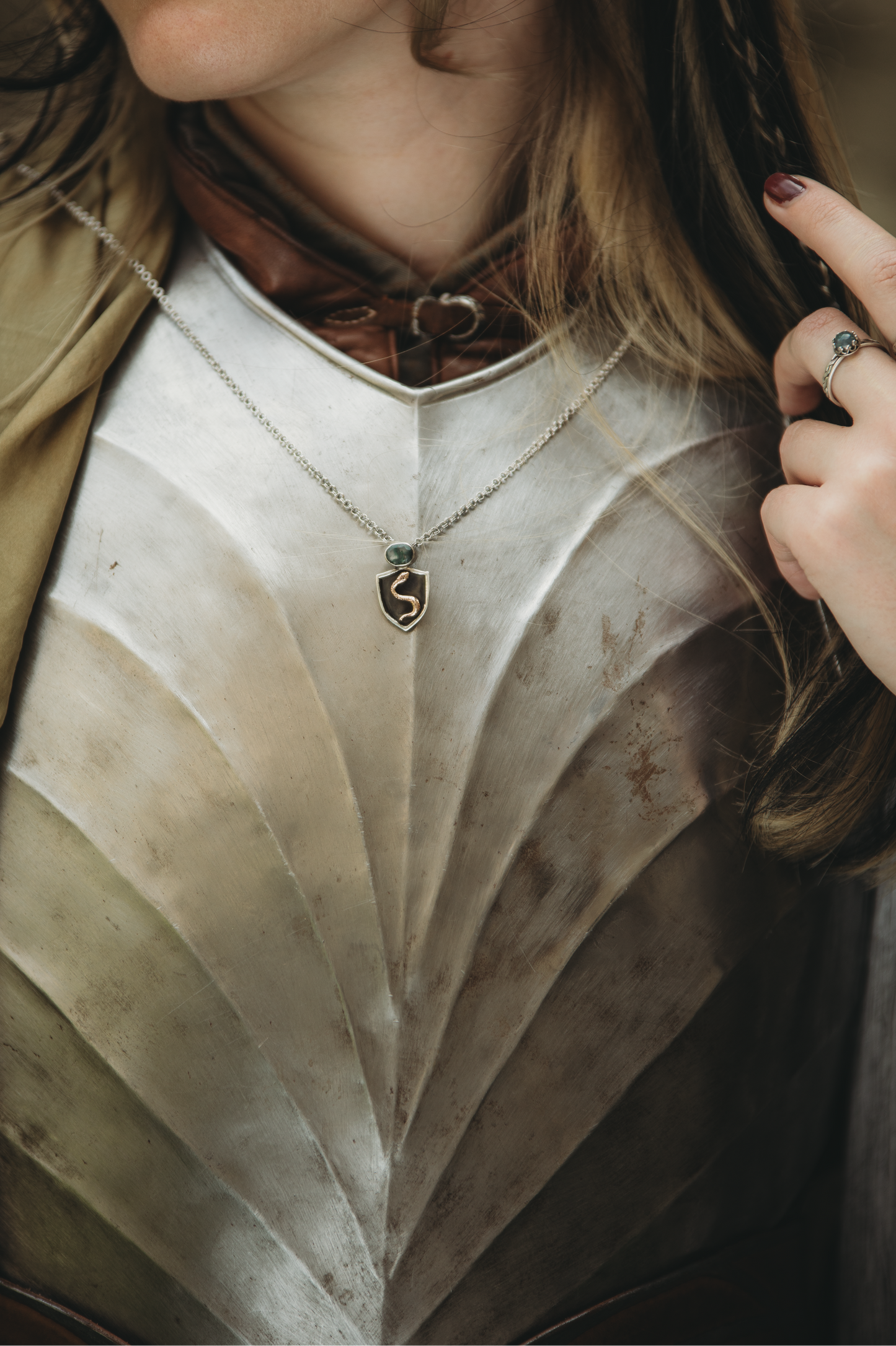 NESSAVËL snake shield high fantasy pendant in sterling silver and bronze with moss agate shield