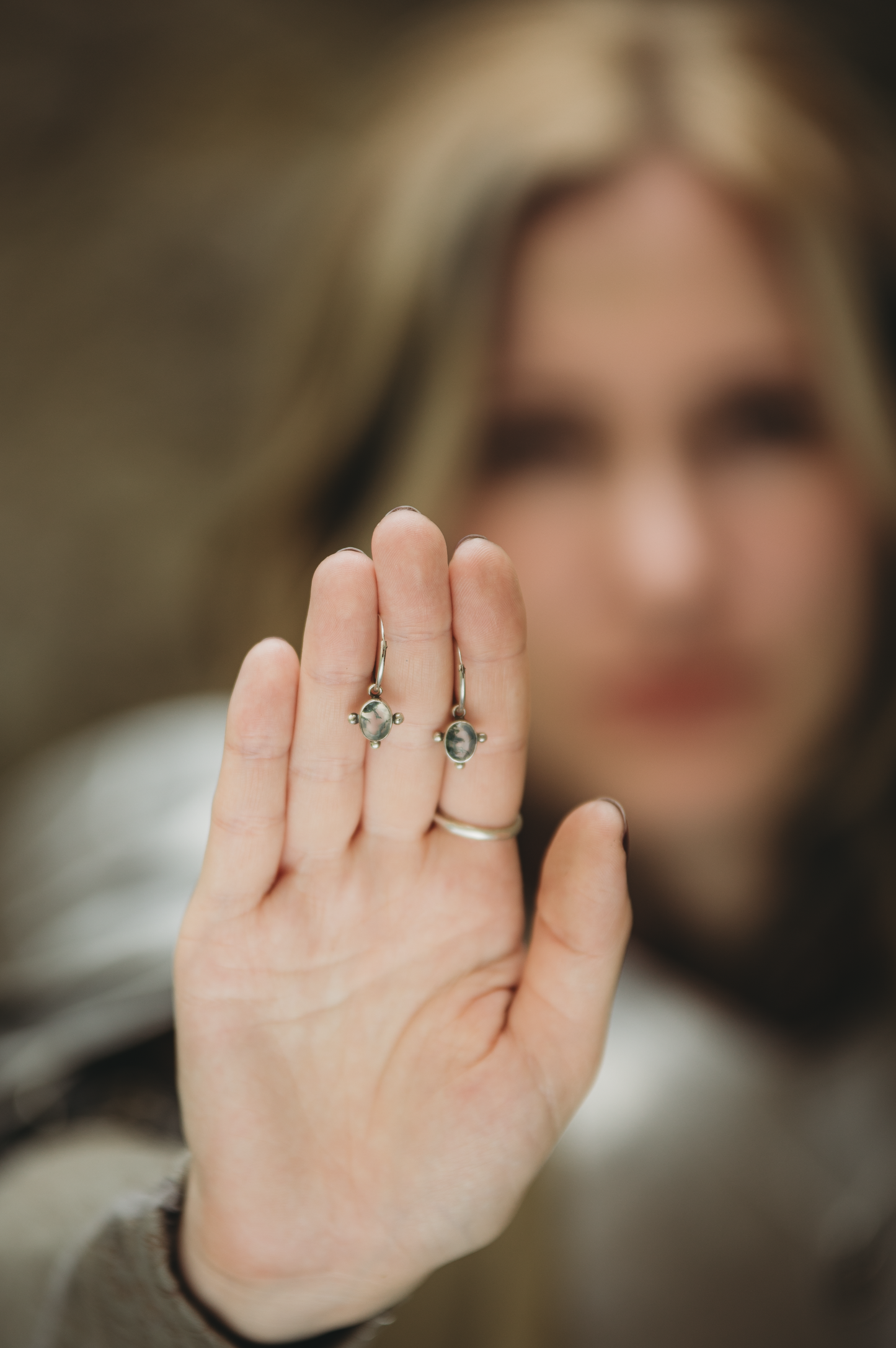 THALÍR Moss Agate Earring Hoops in Sterling Silver
