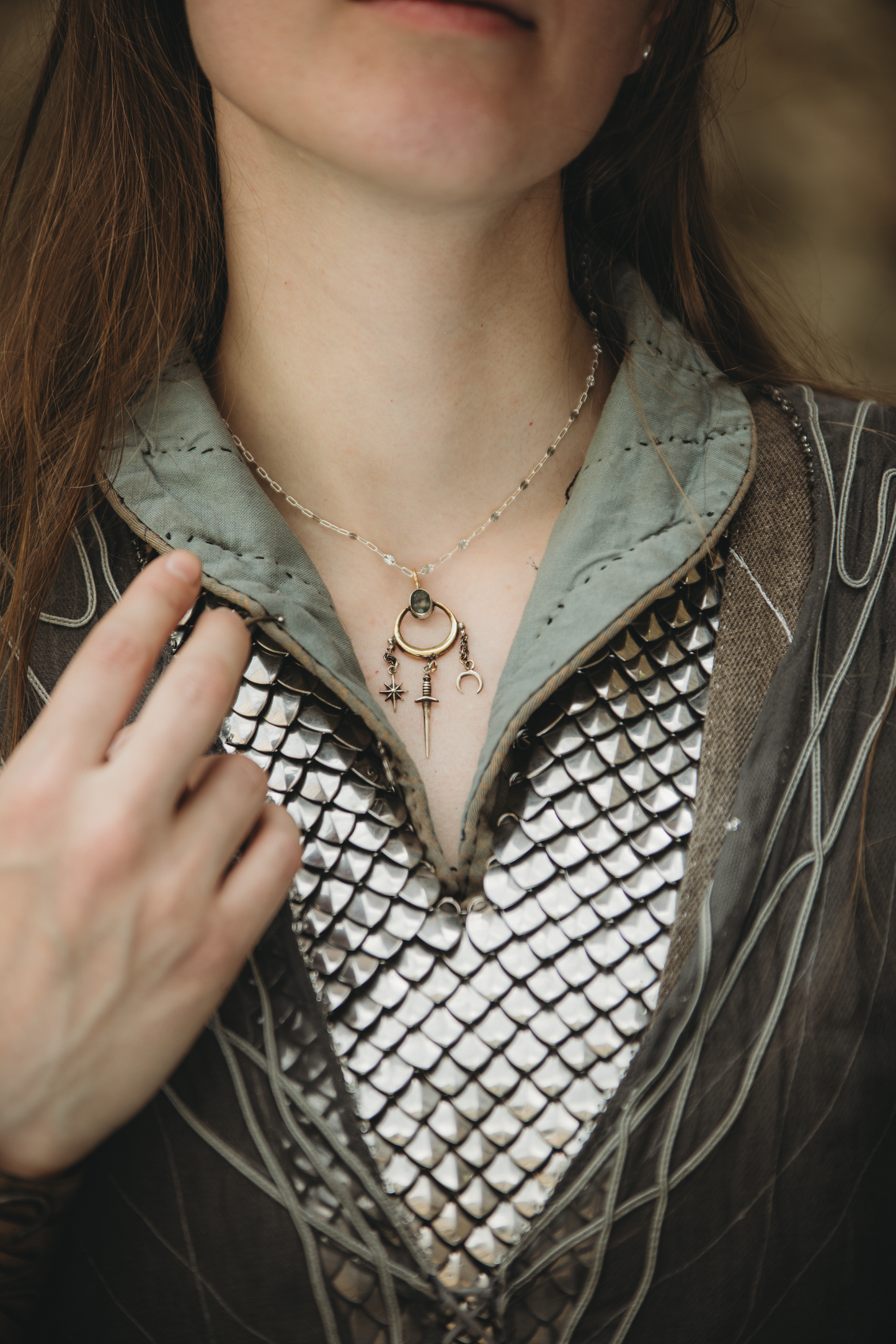 MAËTHOR High Fantasy Moonstone Sword Necklace in Brass and Silver