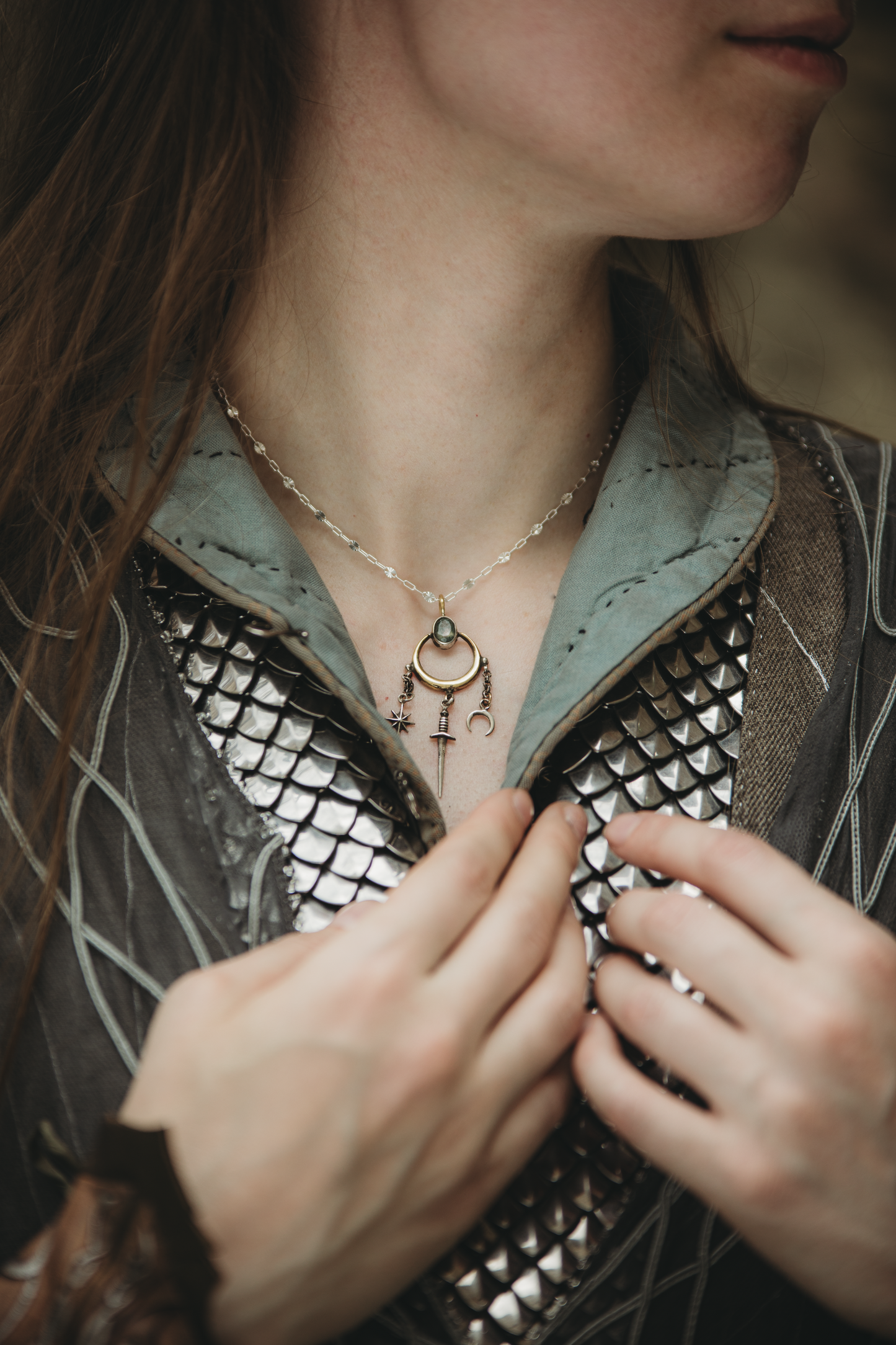 MAËTHOR High Fantasy Moonstone Sword Necklace in Brass and Silver
