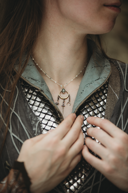 MAËTHOR High Fantasy Moonstone Sword Necklace in Brass and Silver
