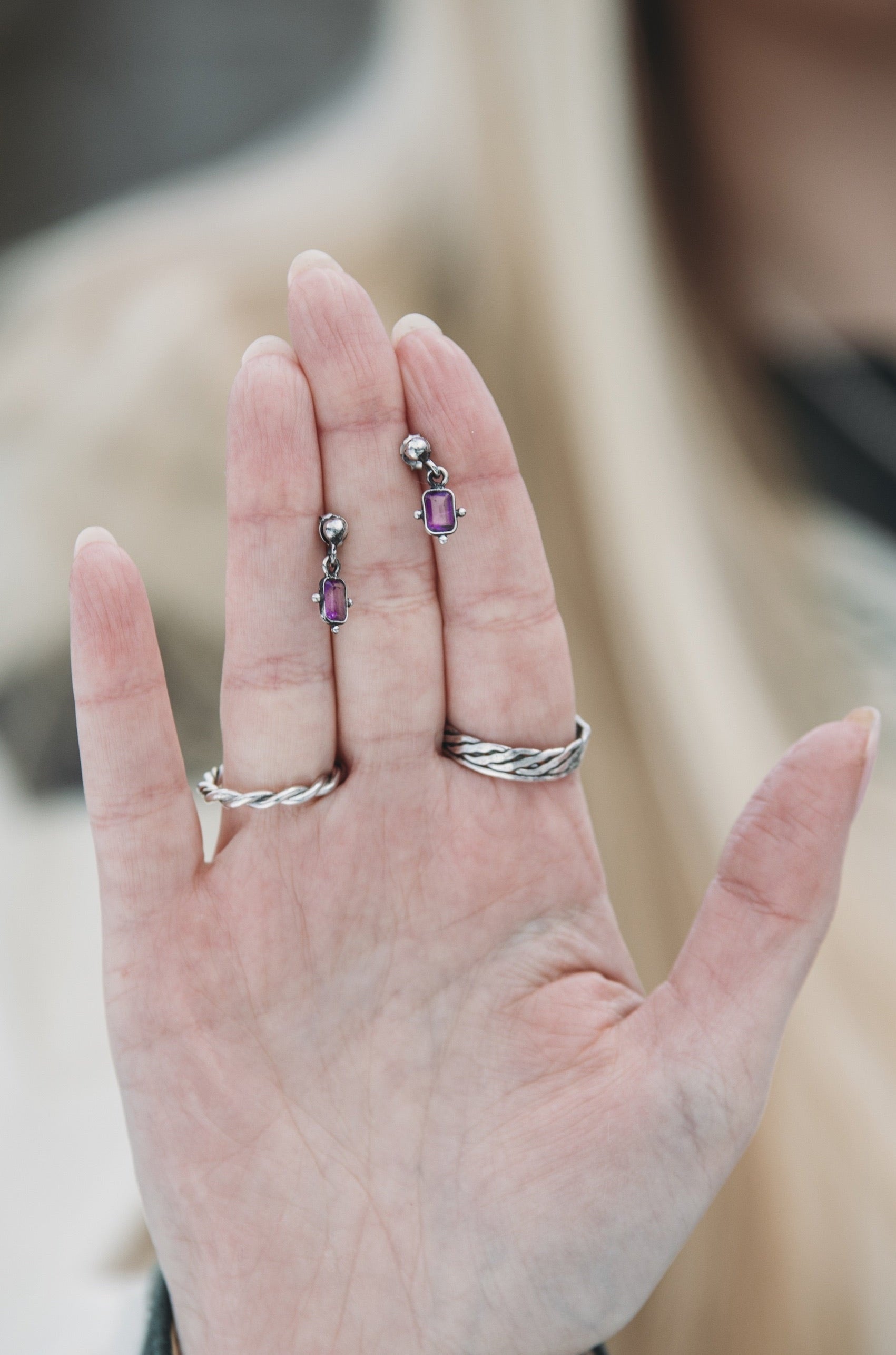 Historical medieval silver stud earrings with purple amethyst gemstones