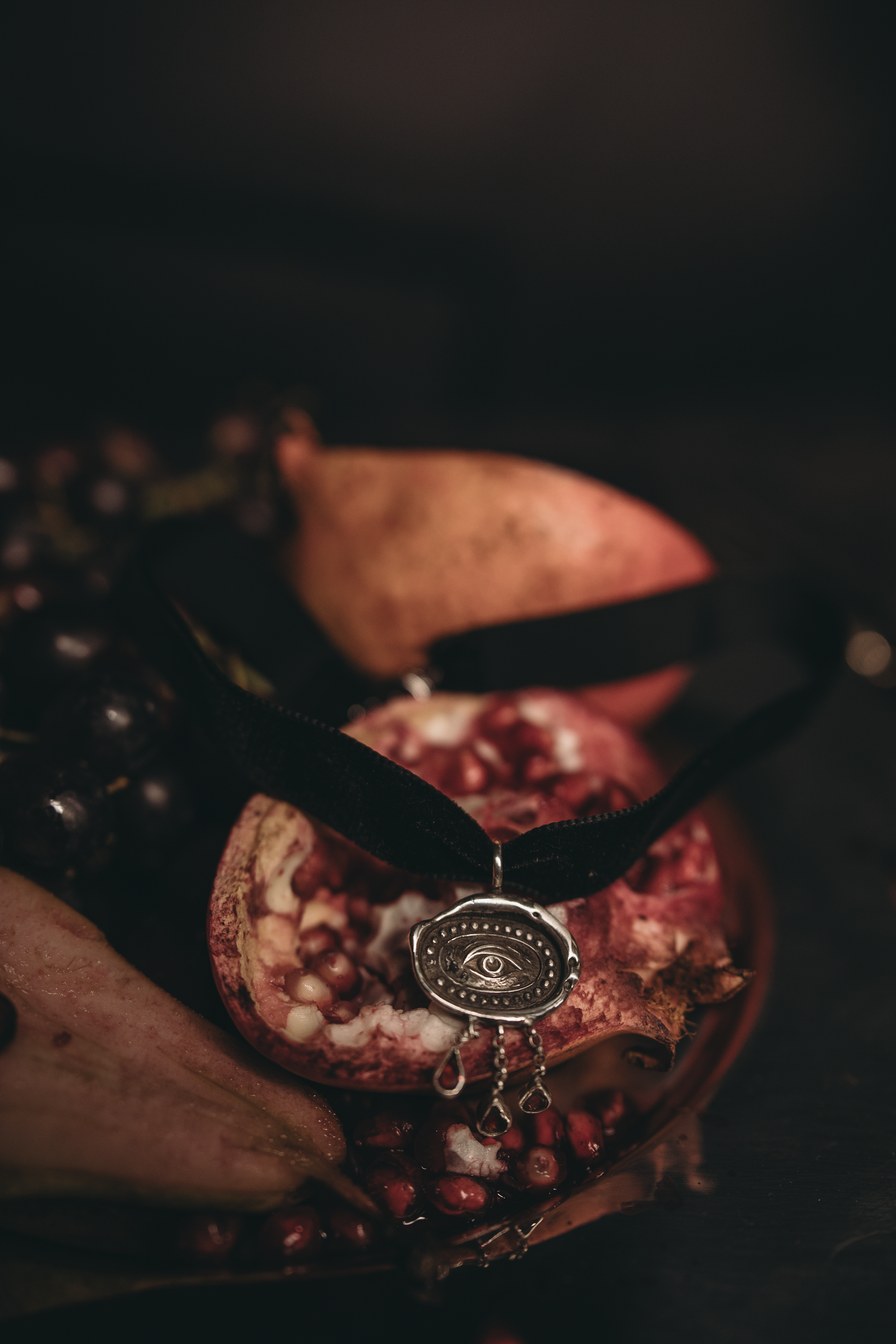 Victorian Black velvet choker with silver Lovers Eye miniature and garnet stone accents