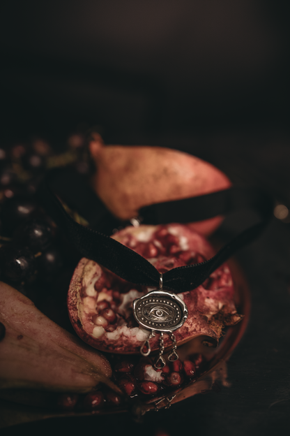 Victorian Black velvet choker with silver Lovers Eye miniature and garnet stone accents