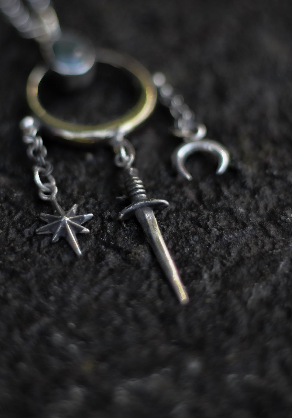 MAËTHOR High Fantasy Moonstone Sword Necklace in Brass and Silver