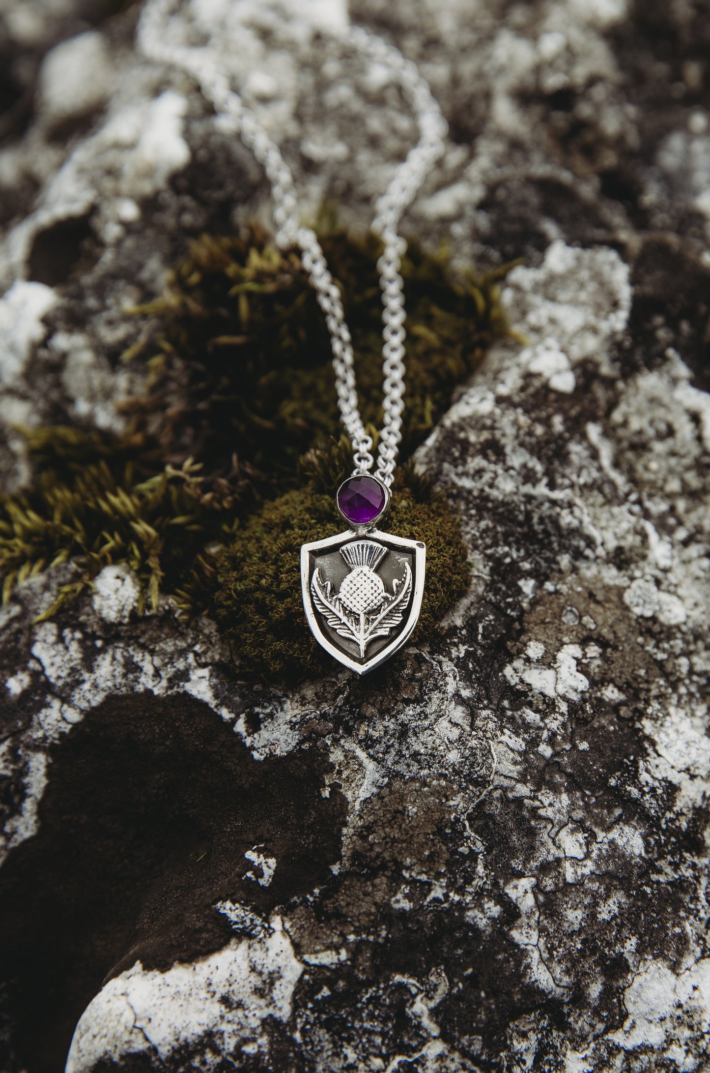 ÀRACH Shield and Thistle Pendant in Sterling Silver  with Amethyst