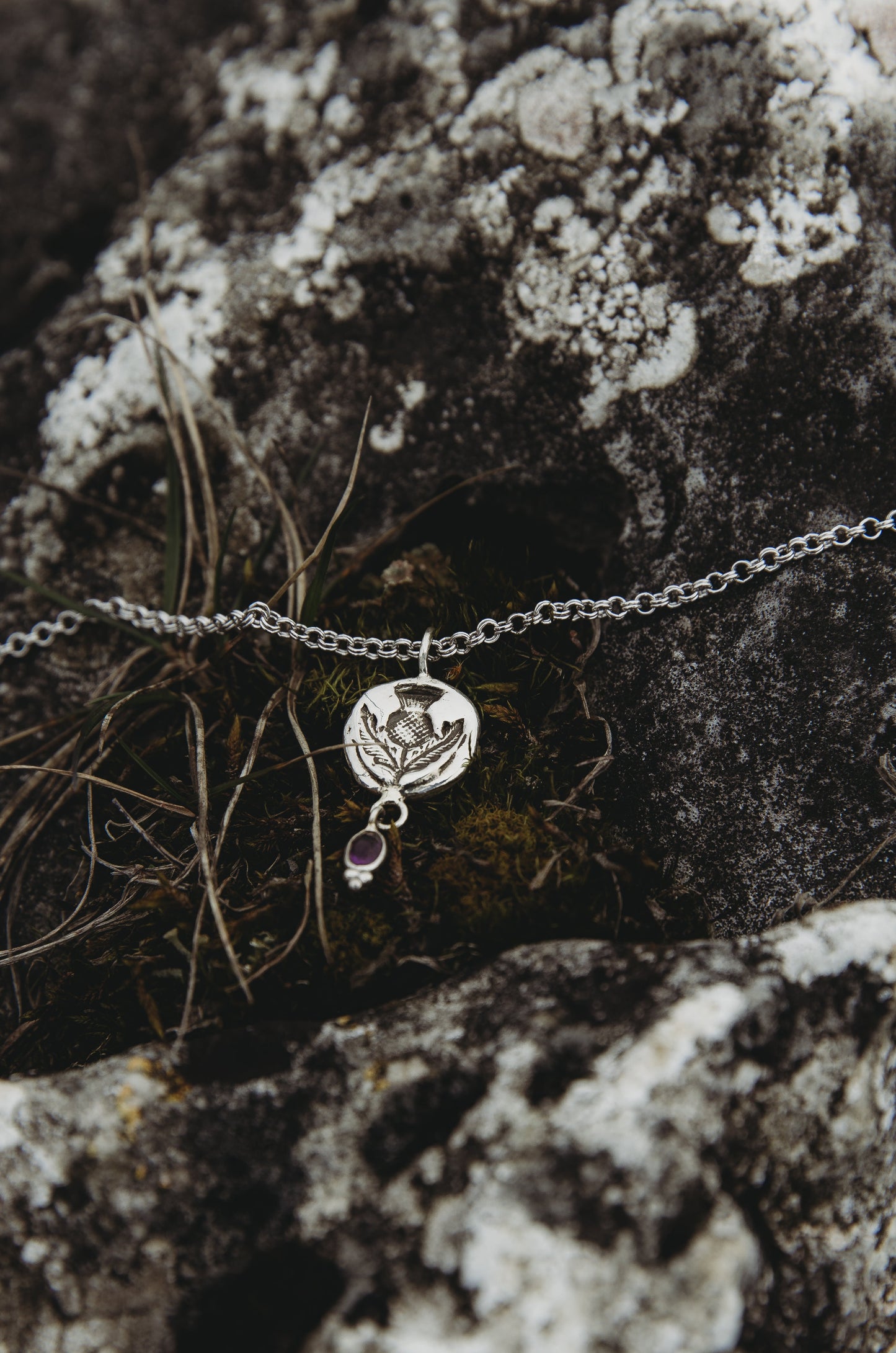 SÌTHEAN I Thistle and Amethyst Pendant in Sterling Silver