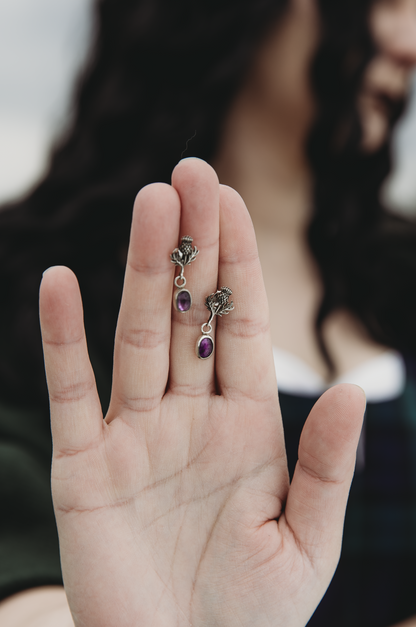 CLUARAN Amethyst Thistle Earrings in Sterling Silver