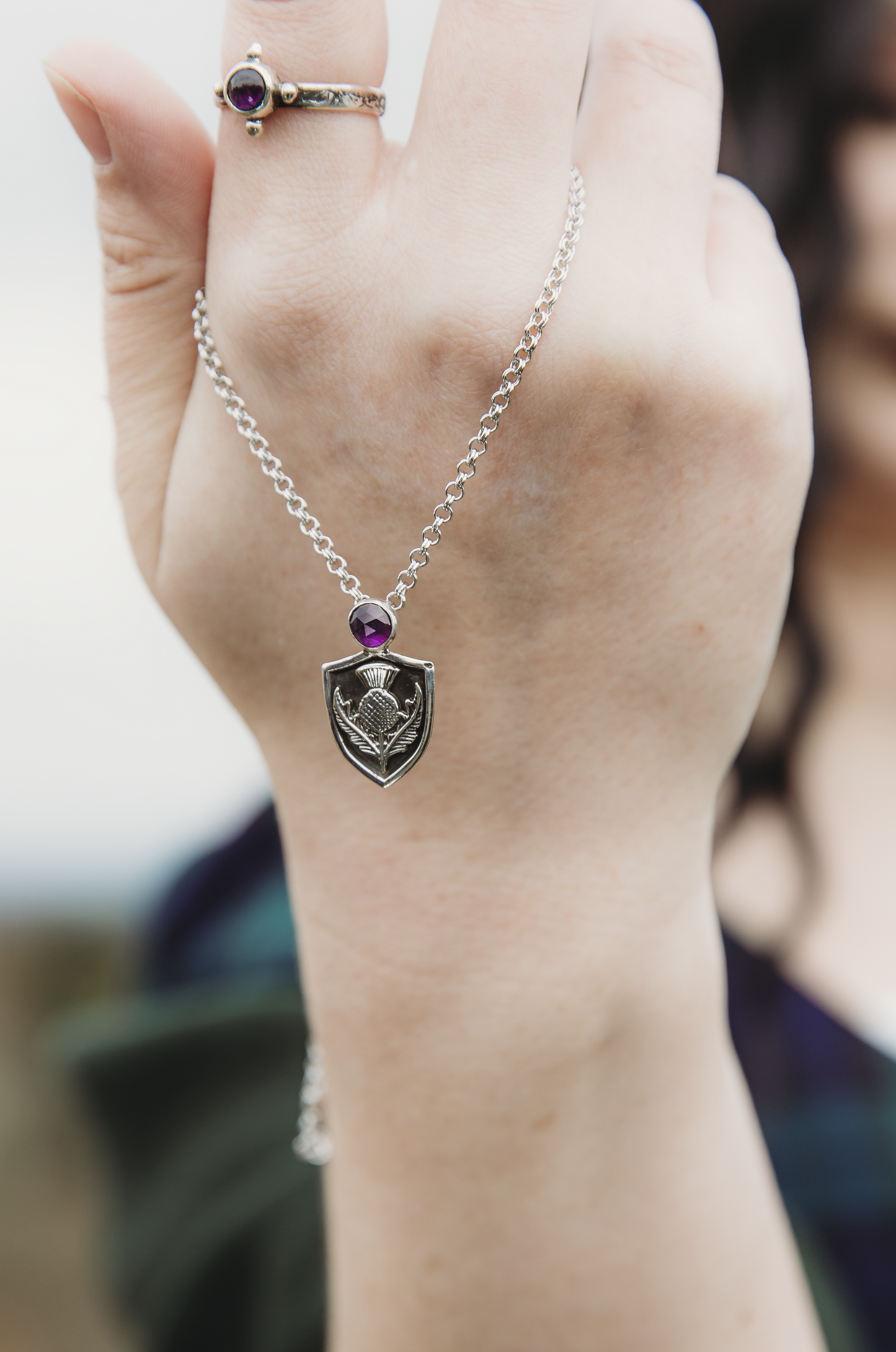 ÀRACH Shield and Thistle Pendant in Sterling Silver  with Amethyst