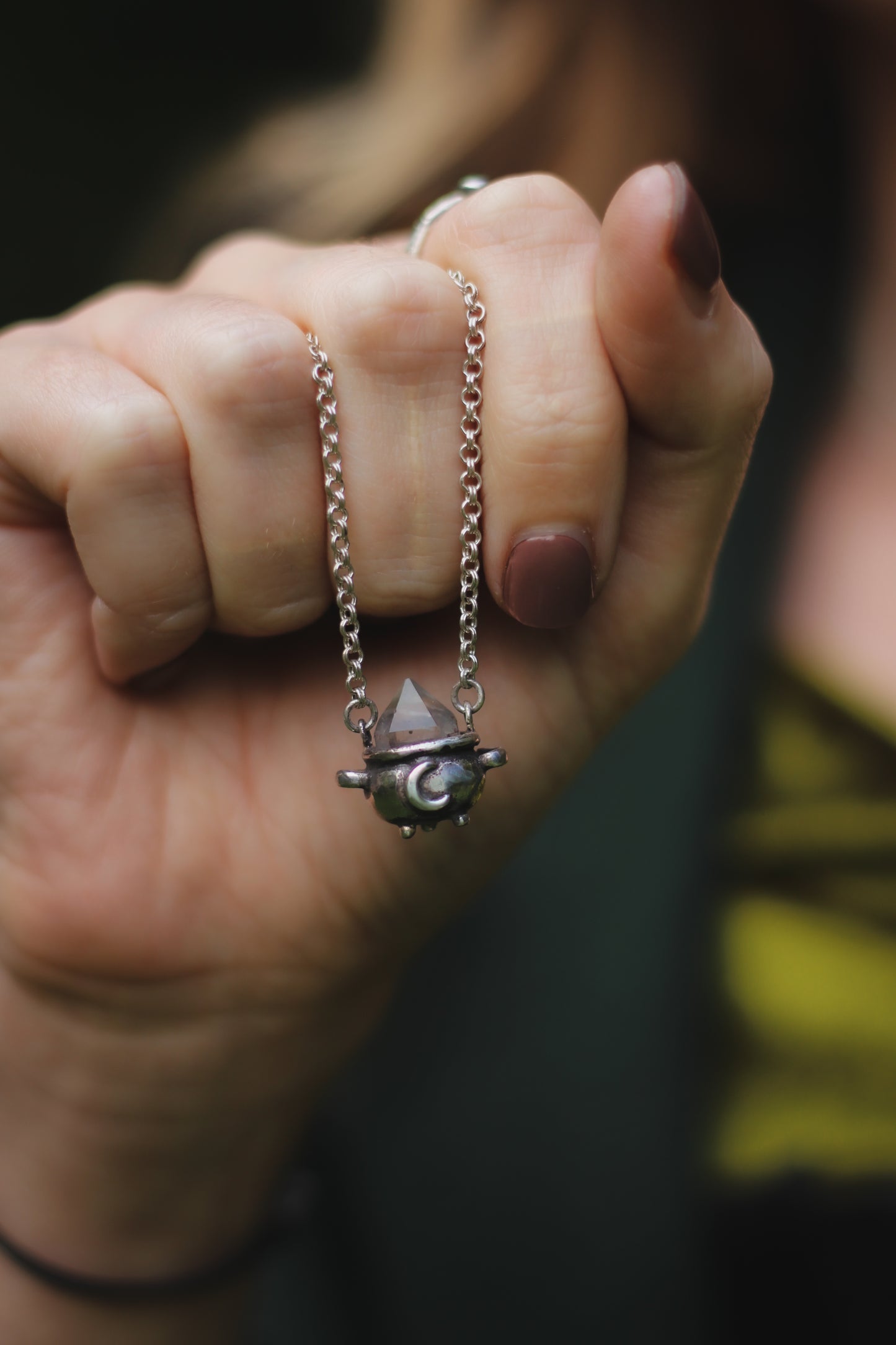 Herkimer Crystal Witch Cauldron Necklace in Sterling Silver