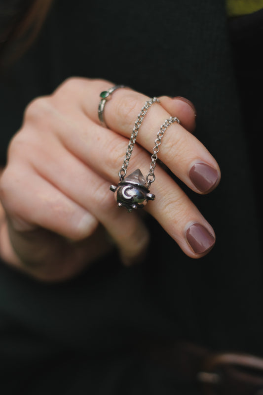 Herkimer Crystal Witch Cauldron Necklace in Sterling Silver