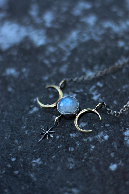 NYX Triple Moon Moonstone Necklace Silver and Brass