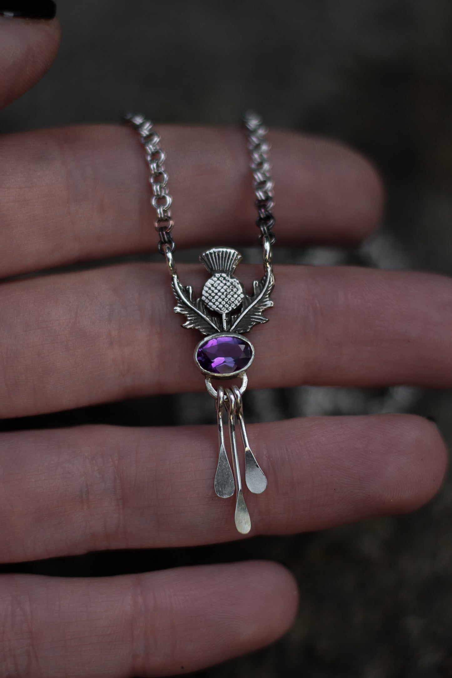 DRAOIDH II Thistle and Amethyst Necklace in Sterling Silver