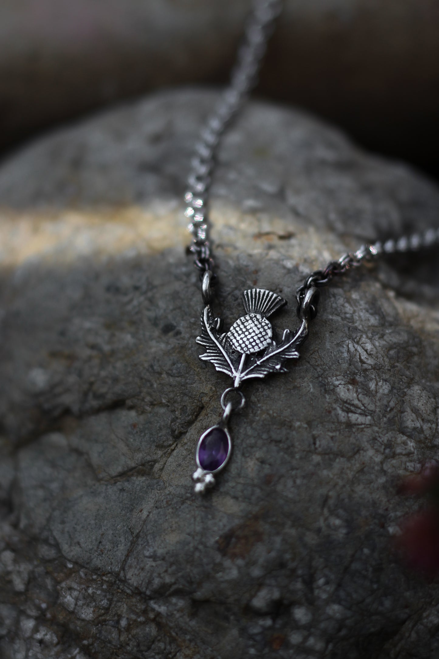 DRAOIDH III Thistle and Amethyst Necklace in Sterling Silver