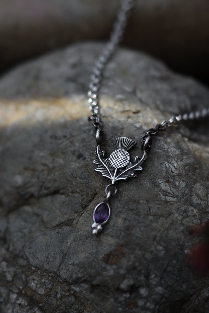 DRAOIDH III Thistle and Amethyst Necklace in Sterling Silver