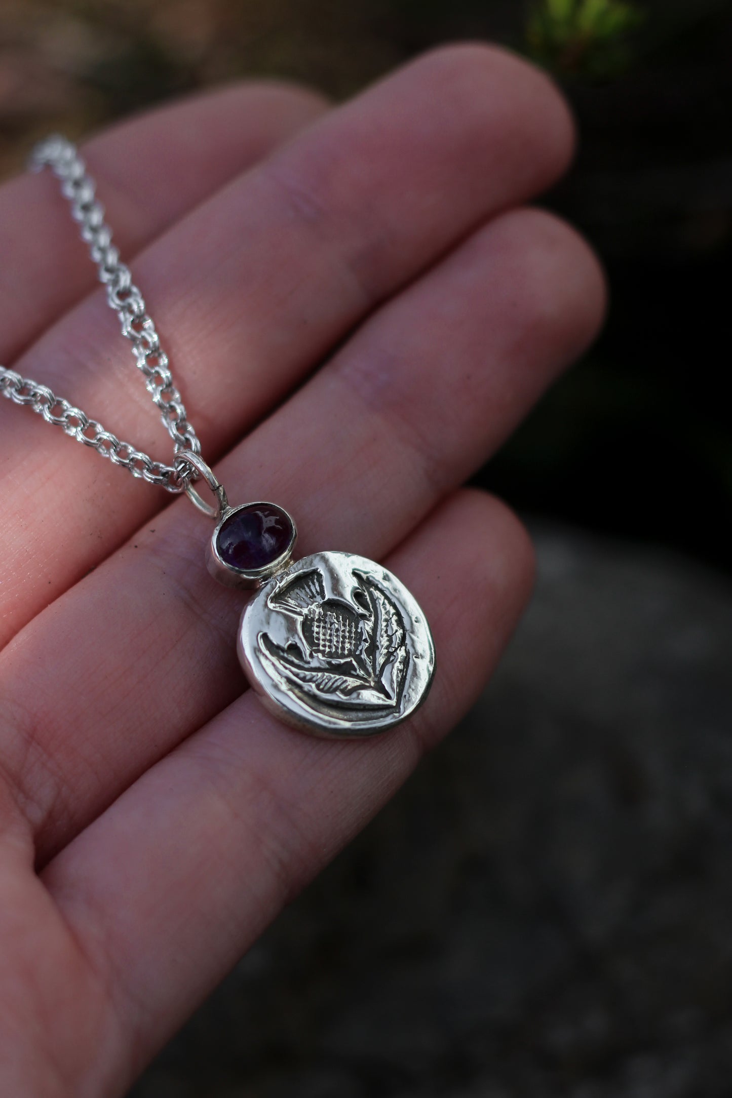 SÌTHEAN II Thistle and Amethyst Pendant in Sterling Silver