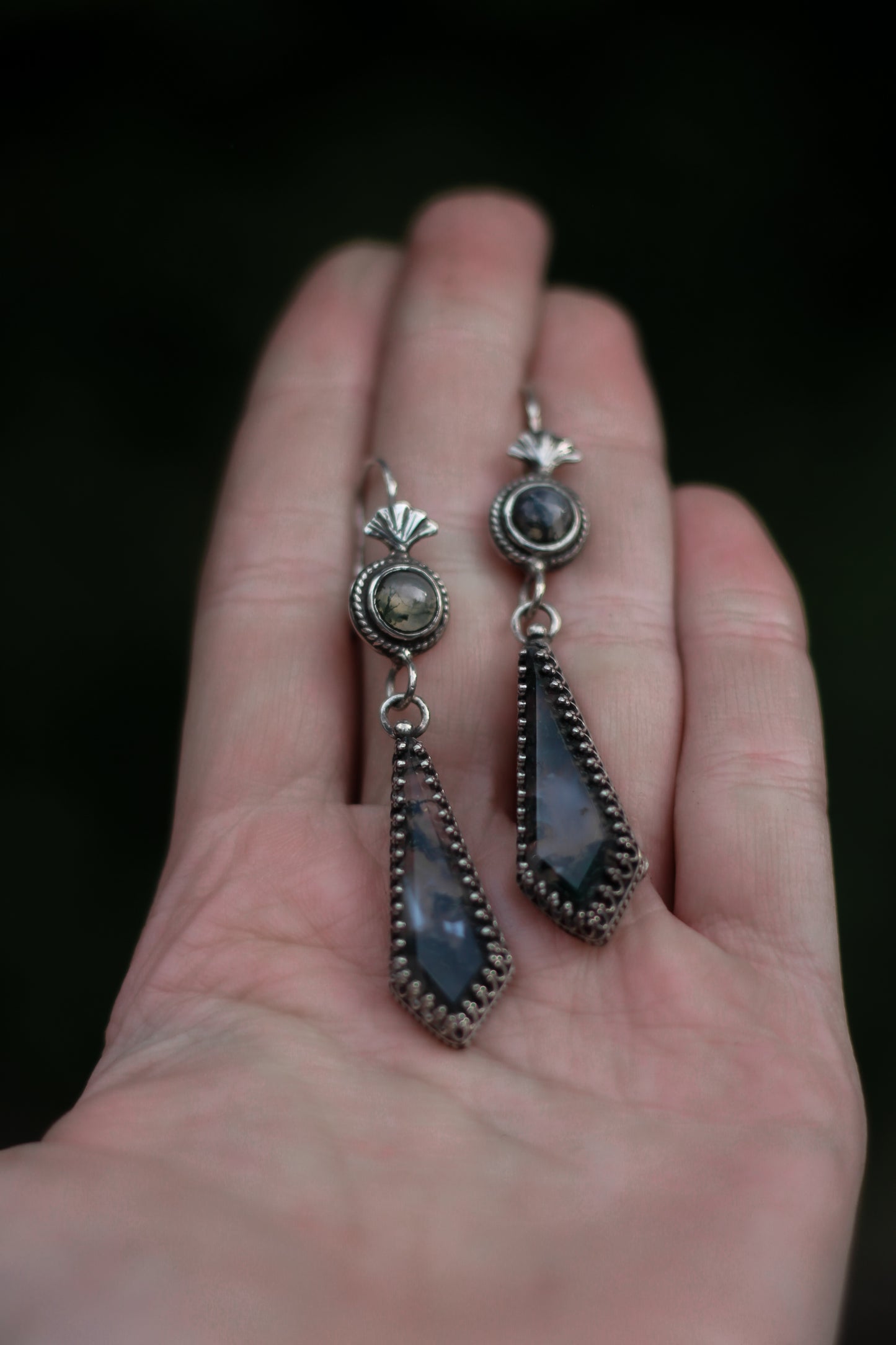 ITHILWEN Moss Agate Earrings in Sterling Silver