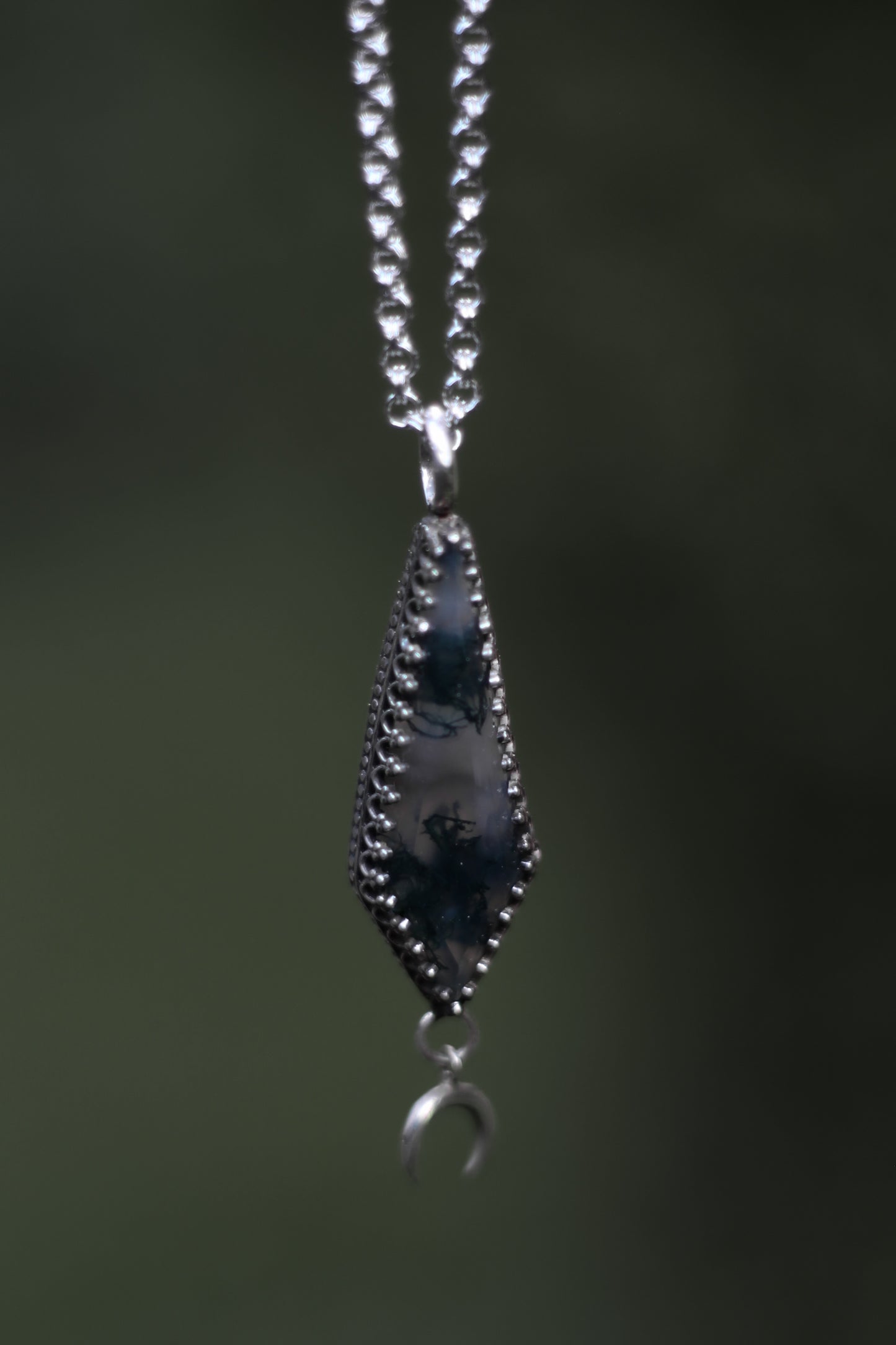 ITHILWEN Moss Agate Necklace in Sterling Silver with moon detail