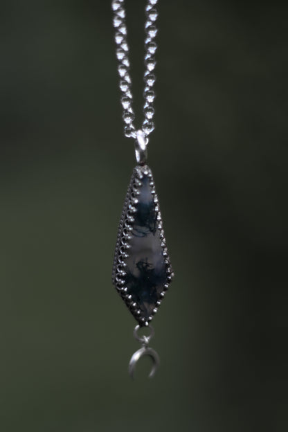 ITHILWEN Moss Agate Necklace in Sterling Silver with moon detail