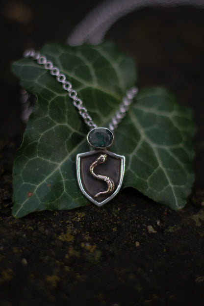 NESSAVËL snake shield high fantasy pendant in sterling silver and bronze with moss agate shield