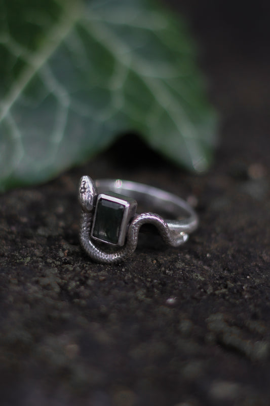 SÍRIEL III Sterling Silber Schlangen Ring mit Moosachat