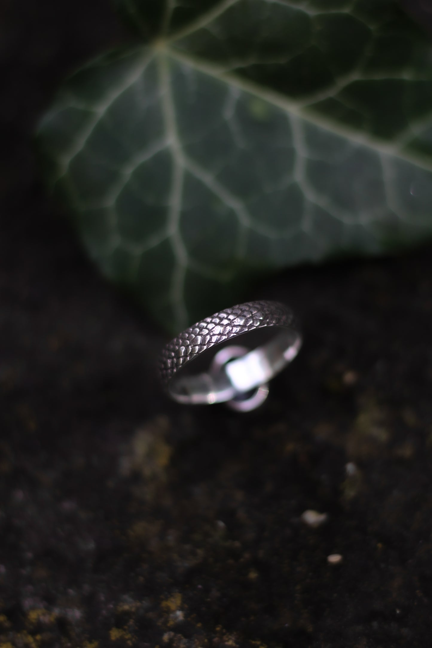 NËSSIRIL snake texture ring with moss agate in sterling silver