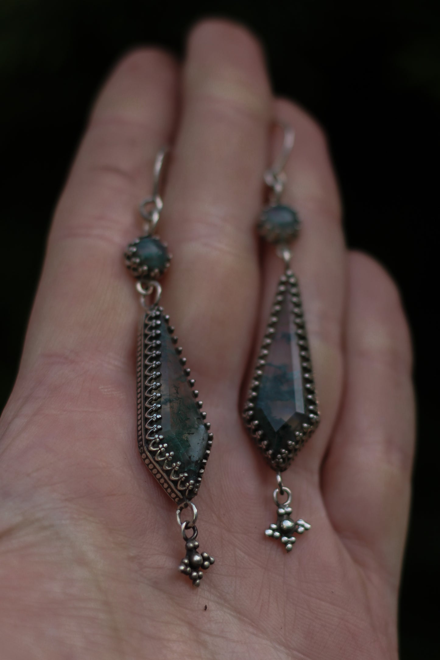 ITHILWEN II Moss Agate Earrings in Sterling Silver