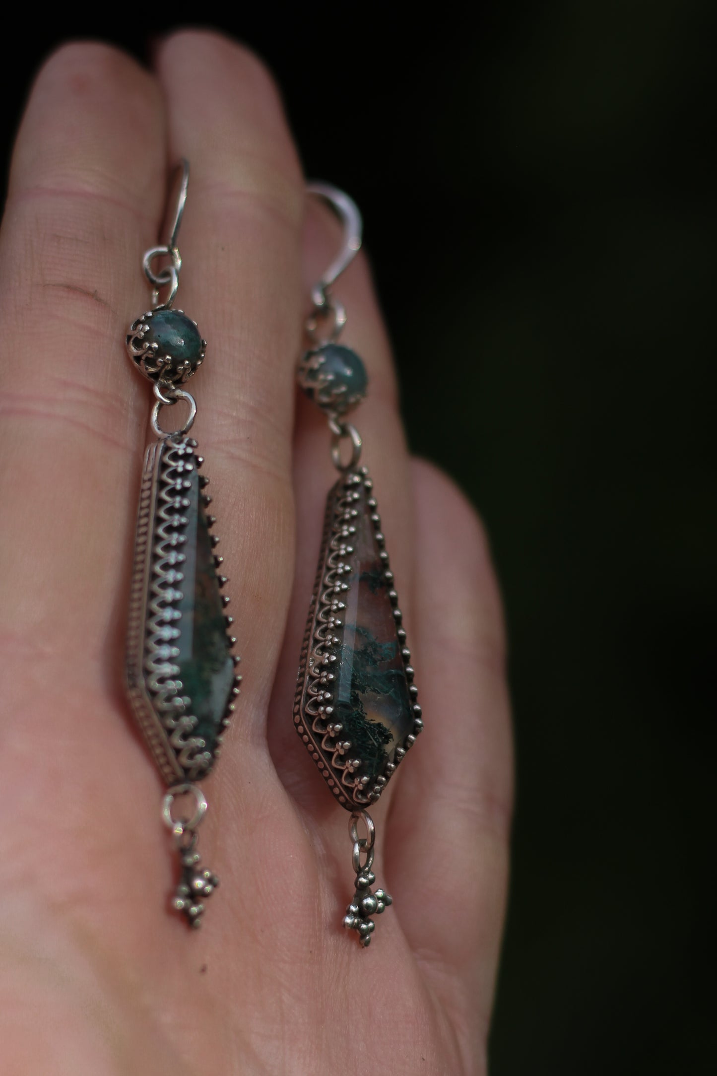 ITHILWEN II Moss Agate Earrings in Sterling Silver