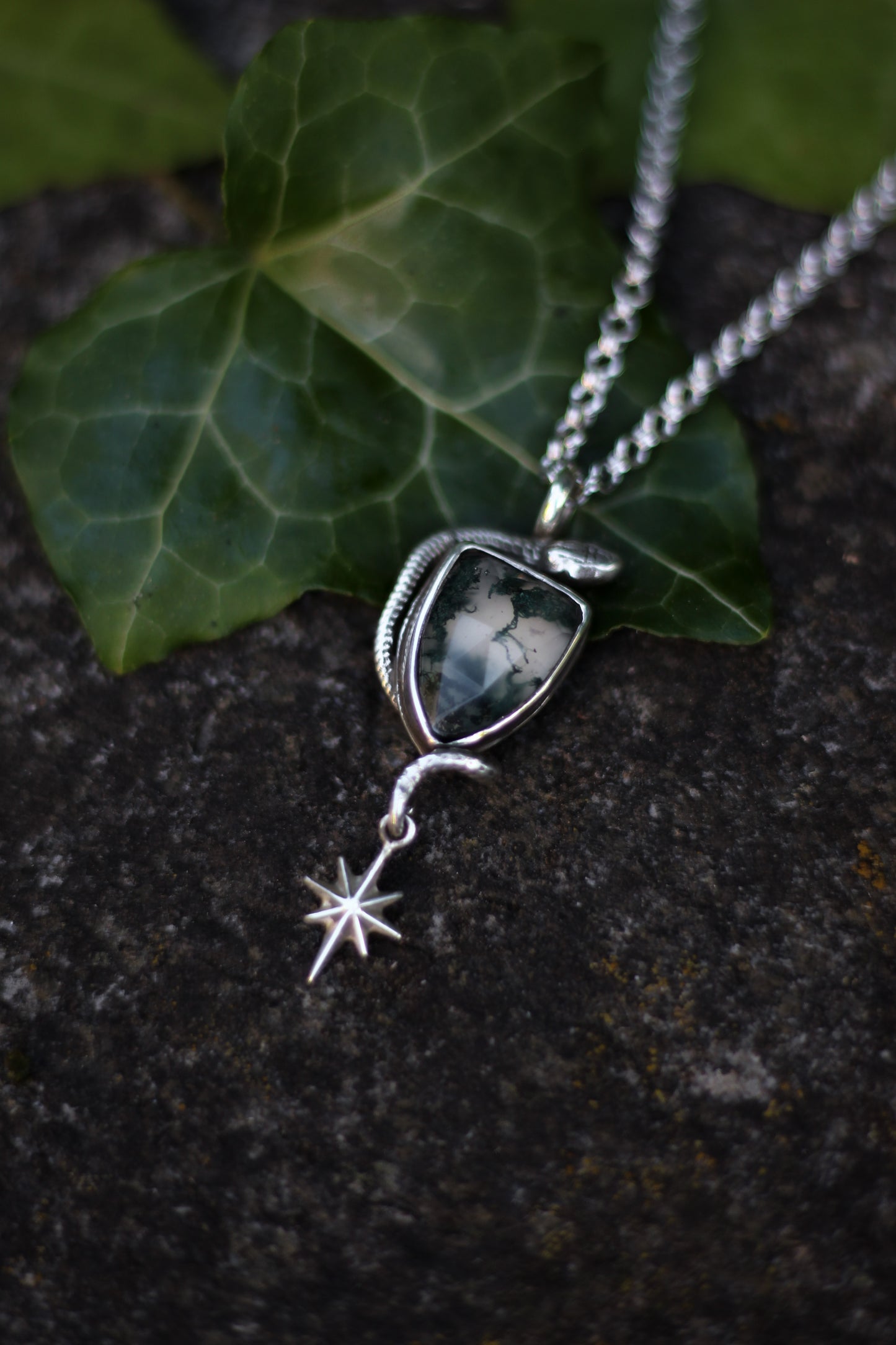 SÍRIEL II snake and star high fantasy pendant in sterling silver with moss agate shield