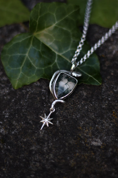SÍRIEL II snake and star high fantasy pendant in sterling silver with moss agate shield