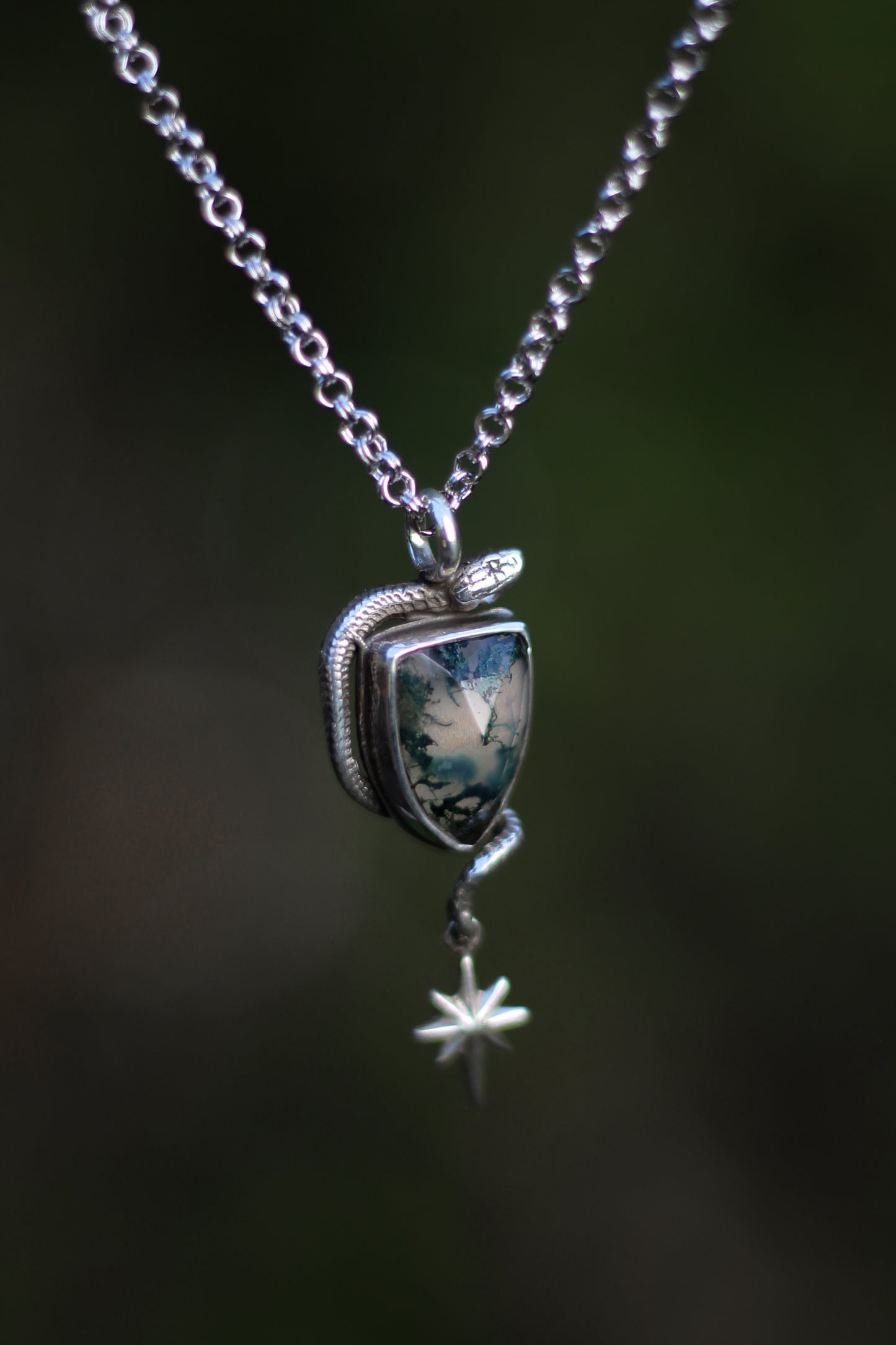SÍRIEL II snake and star high fantasy pendant in sterling silver with moss agate shield