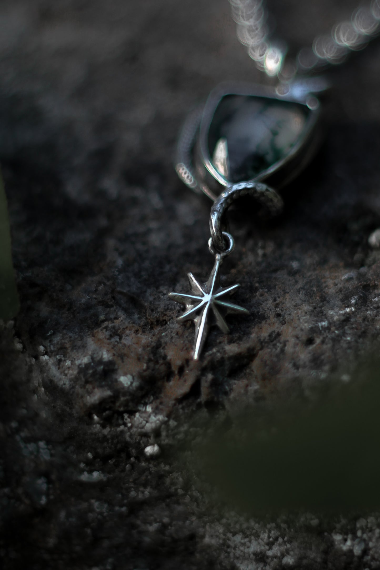SÍRIEL II snake and star high fantasy pendant in sterling silver with moss agate shield
