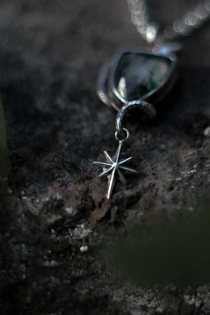 SÍRIEL II snake and star high fantasy pendant in sterling silver with moss agate shield