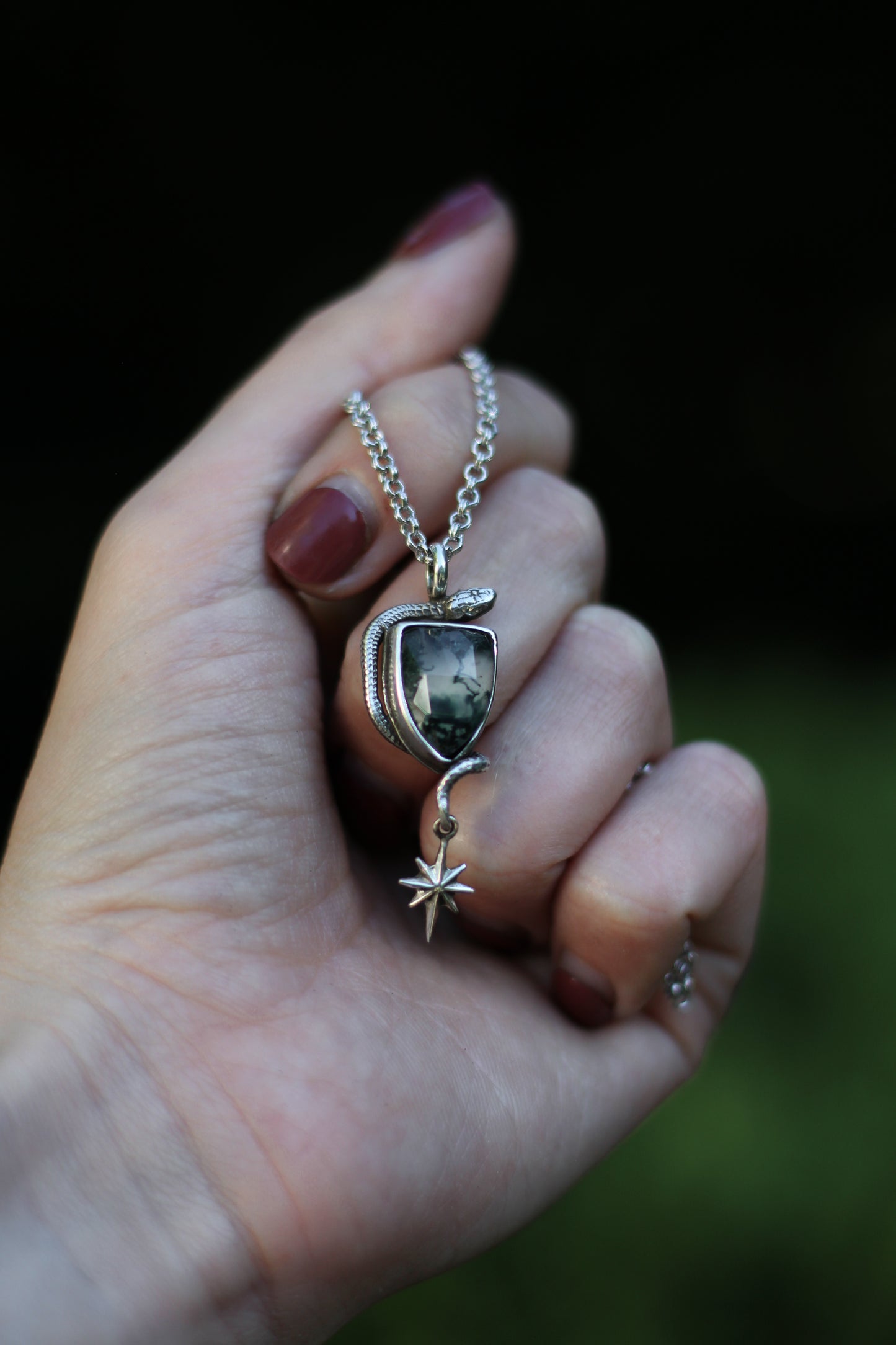 SÍRIEL II snake and star high fantasy pendant in sterling silver with moss agate shield