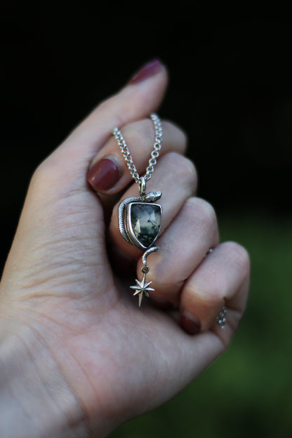 SÍRIEL II snake and star high fantasy pendant in sterling silver with moss agate shield