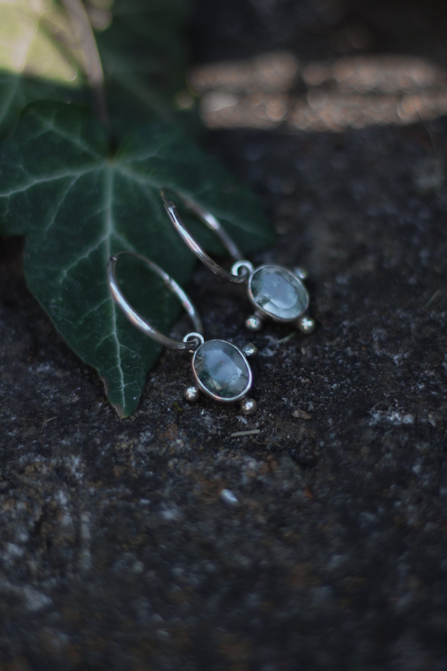 THALÍR Moss Agate Earring Hoops in Sterling Silver