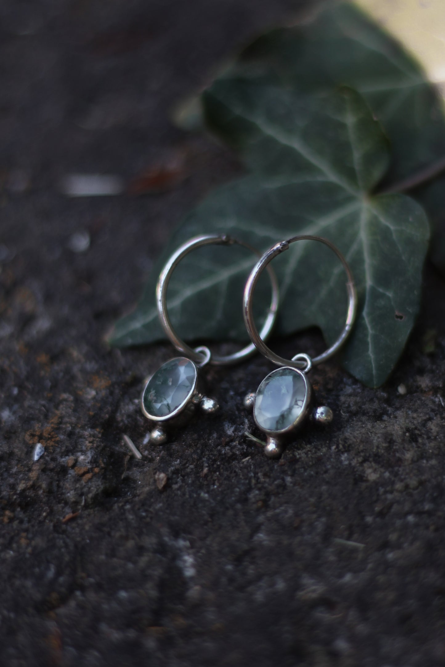 THALÍR Moss Agate Earring Hoops in Sterling Silver