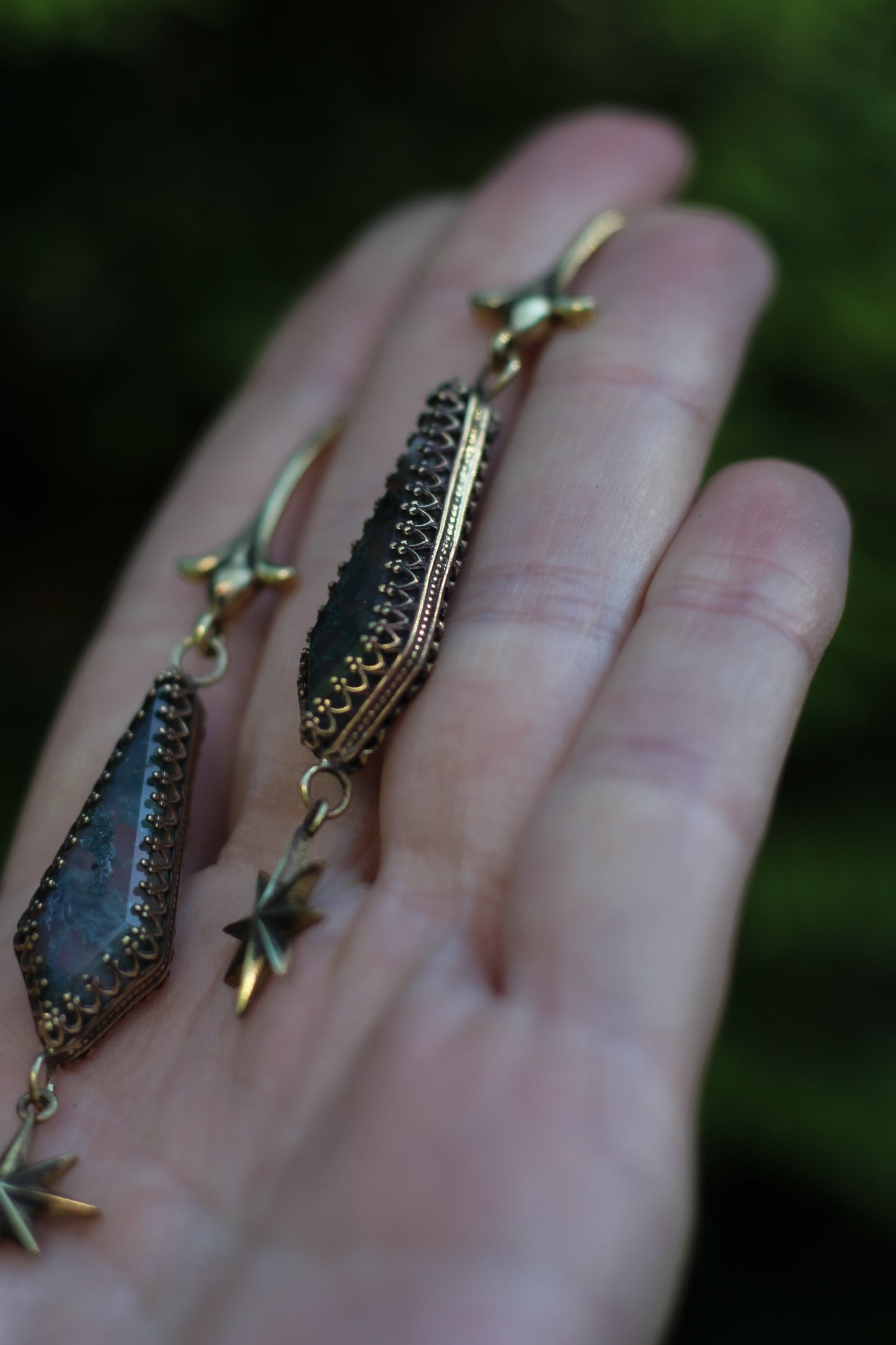 ELENWË Moss Agate Earrings in Brass with star details