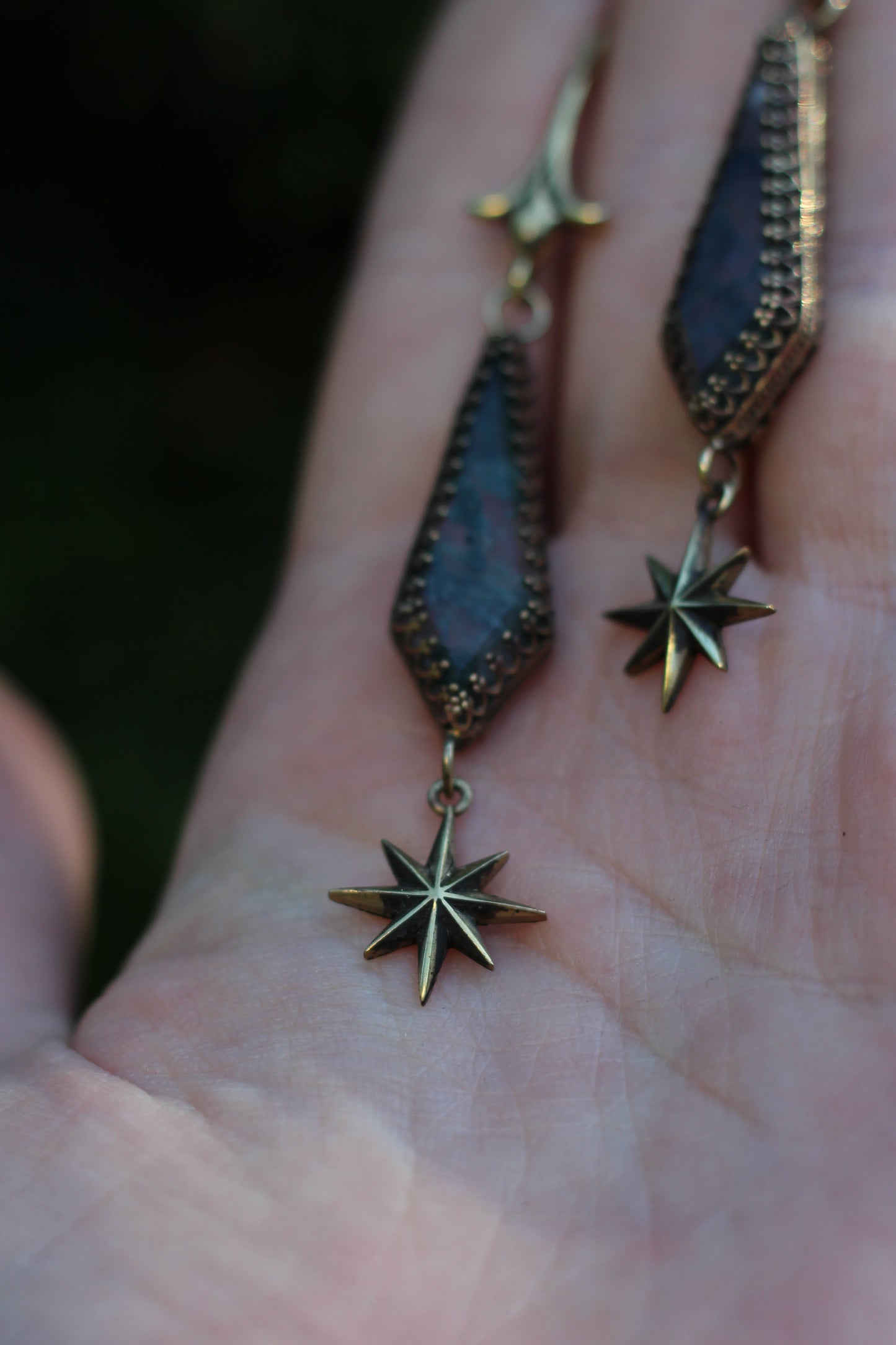 ELENWË Moss Agate Earrings in Brass with star details