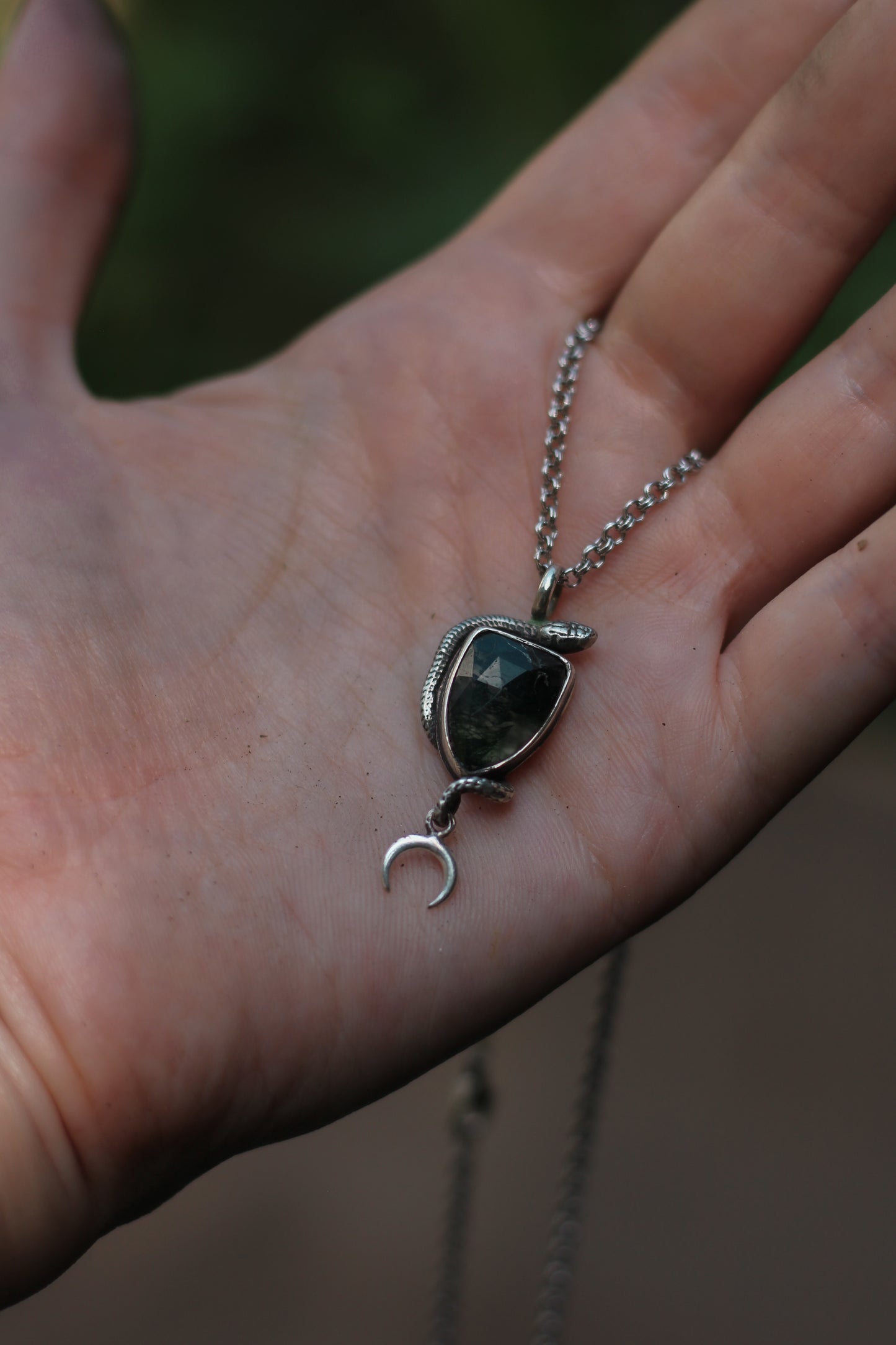 SÍRIEL I snake and moon high fantasy pendant in sterling silver with moss agate shield