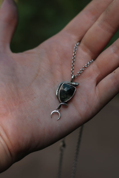 SÍRIEL I snake and moon high fantasy pendant in sterling silver with moss agate shield