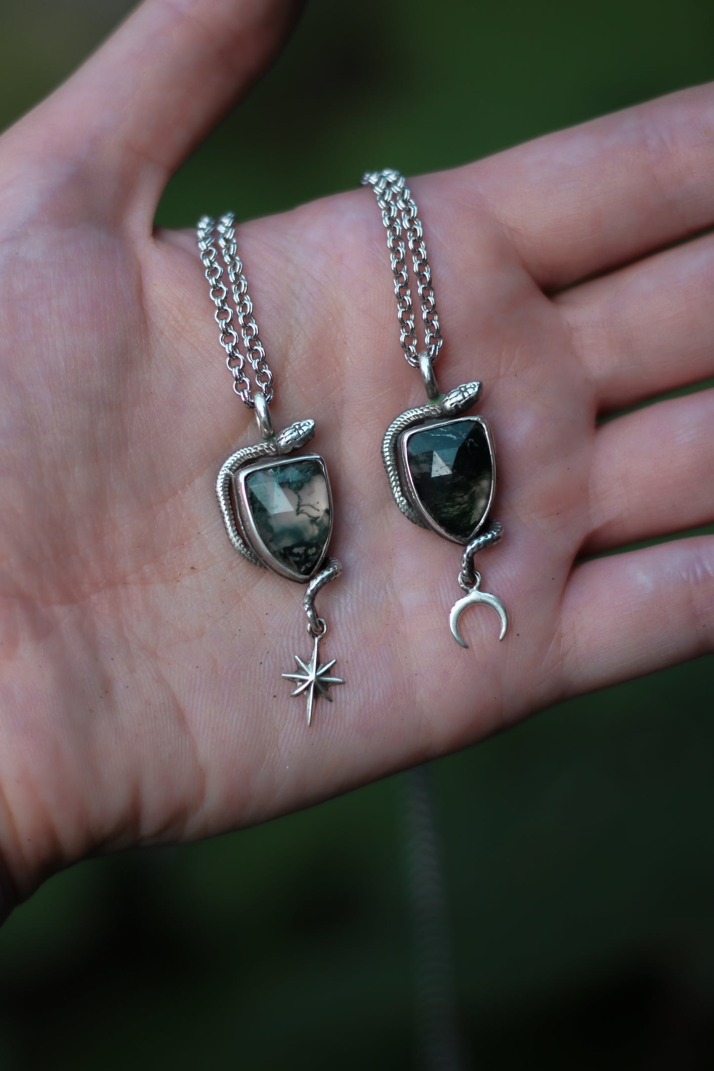 SÍRIEL I snake and moon high fantasy pendant in sterling silver with moss agate shield