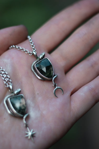 SÍRIEL I snake and moon high fantasy pendant in sterling silver with moss agate shield