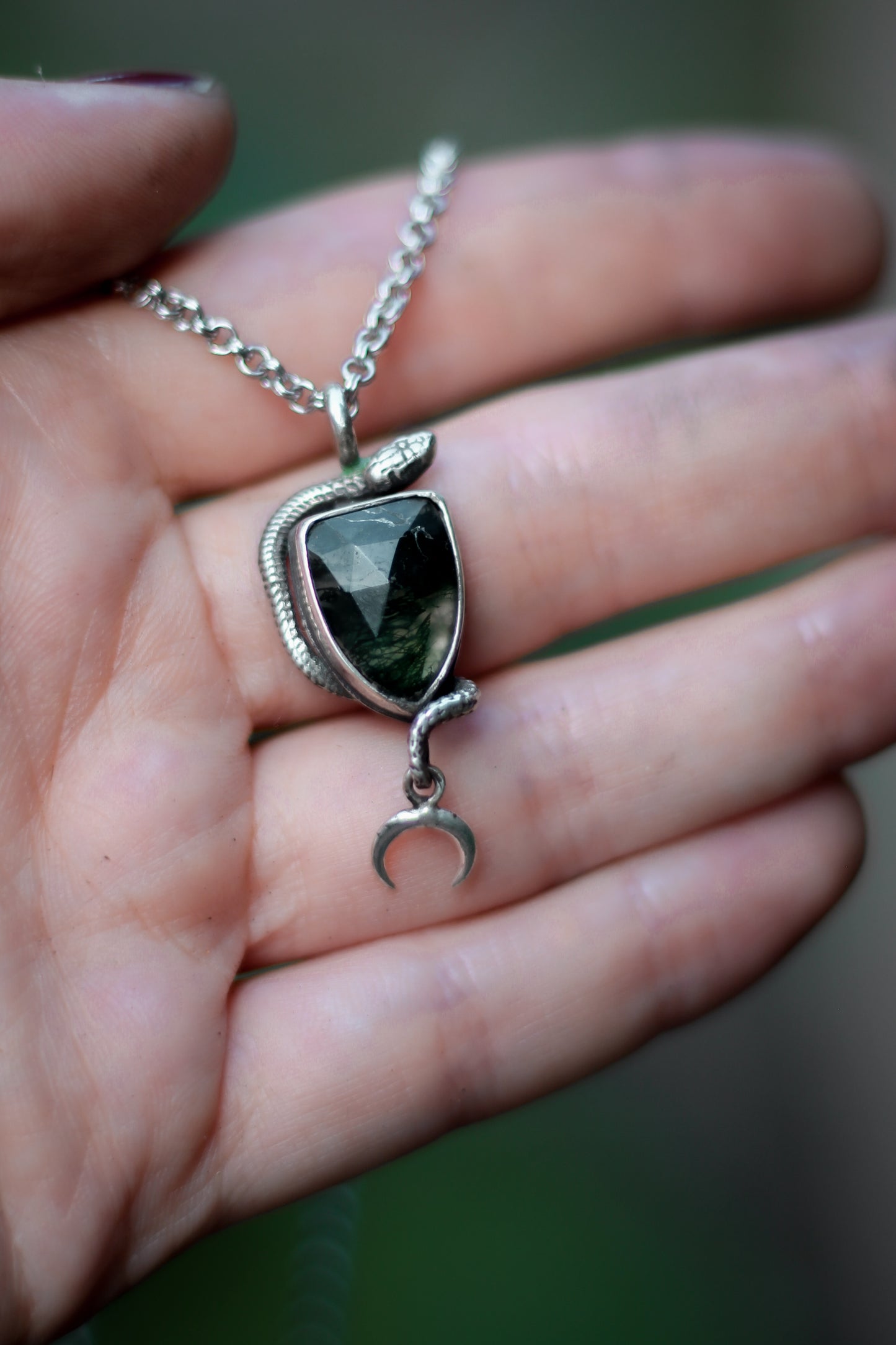 SÍRIEL I snake and moon high fantasy pendant in sterling silver with moss agate shield