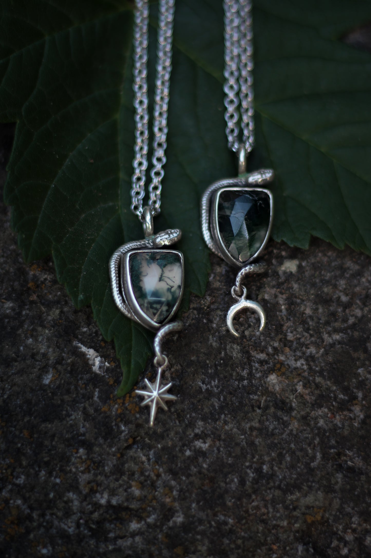 SÍRIEL II snake and star high fantasy pendant in sterling silver with moss agate shield