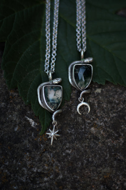 SÍRIEL II snake and star high fantasy pendant in sterling silver with moss agate shield