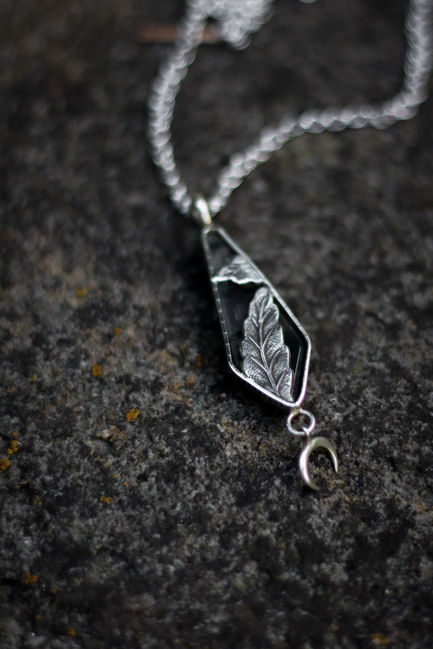 ITHILWEN Moss Agate Necklace in Sterling Silver with moon detail