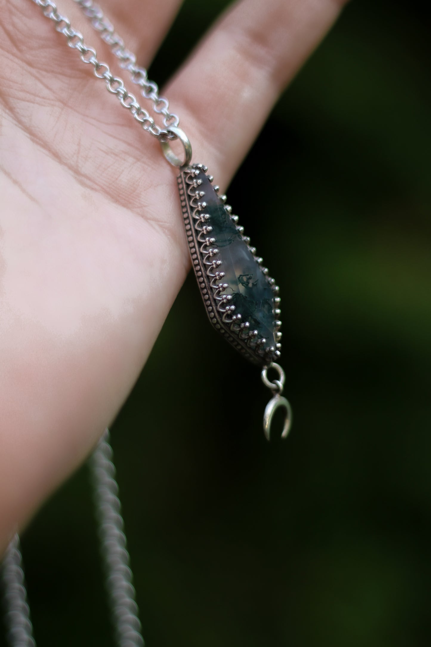 ITHILWEN Moss Agate Necklace in Sterling Silver with moon detail